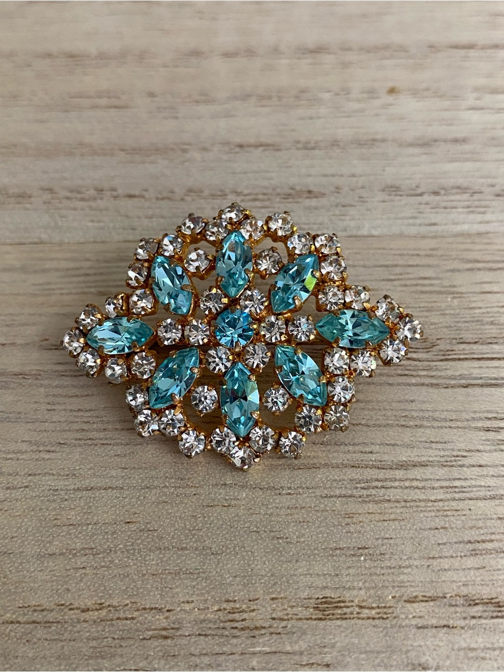 Vintage Domed Starburst Brooch - Atomic Mid-Century | Aqua & Clear Rhinestone